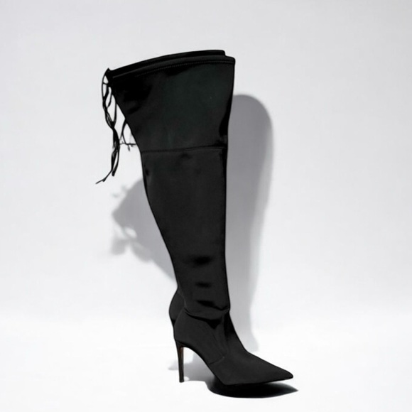 🌻NEW Good American Black Over the Knee High Lace-up Detail Heeled Boots Size 5 - Picture 5 of 9